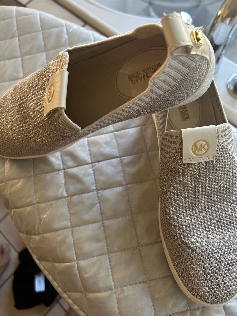 Michael Kors Gold-Tone Logo Knit Slip-On Moccasins in Beige